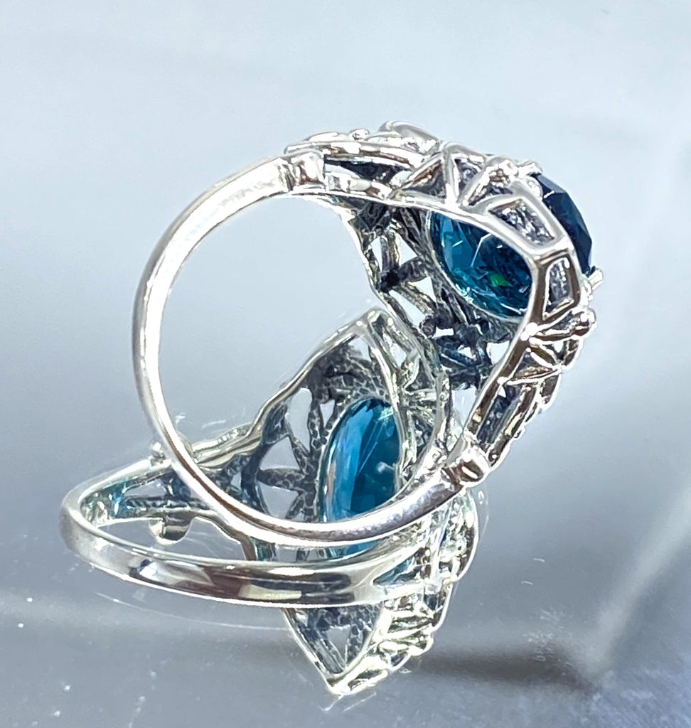 Deep London blue topaz Ring, Oval Gemstone, Gothic style, vintage jewelry, sterling silver filigree, silver embrace jewelry, D98