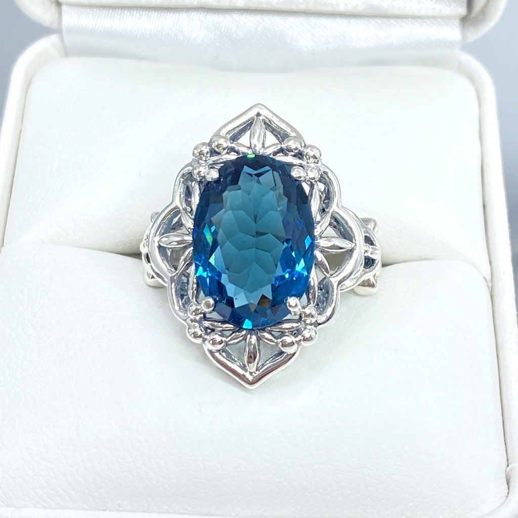 Deep London blue topaz Ring, Oval Gemstone, Gothic style, vintage jewelry, sterling silver filigree, silver embrace jewelry, D98