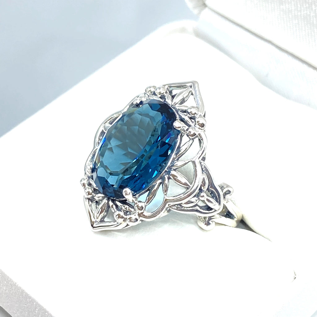 Deep London blue topaz Ring, Oval Gemstone, Gothic style, vintage jewelry, sterling silver filigree, silver embrace jewelry, D98
