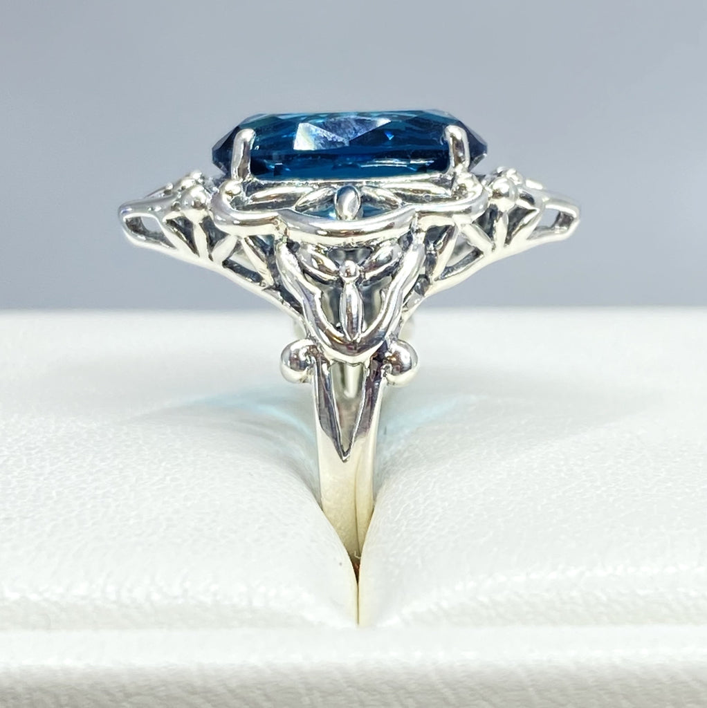 Deep London blue topaz Ring, Oval Gemstone, Gothic style, vintage jewelry, sterling silver filigree, silver embrace jewelry, D98