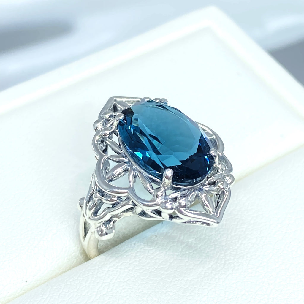 Deep London blue topaz Ring, Oval Gemstone, Gothic style, vintage jewelry, sterling silver filigree, silver embrace jewelry, D98