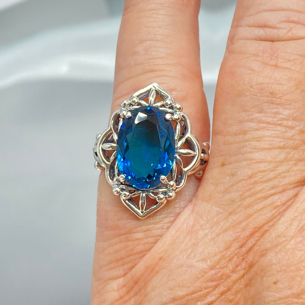 Deep London blue topaz Ring, Oval Gemstone, Gothic style, vintage jewelry, sterling silver filigree, silver embrace jewelry, D98