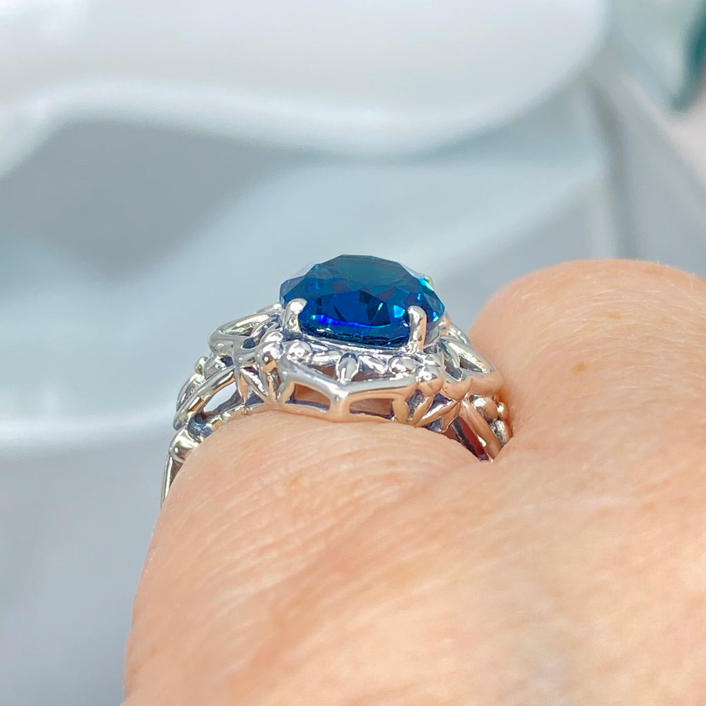 Deep London blue topaz Ring, Oval Gemstone, Gothic style, vintage jewelry, sterling silver filigree, silver embrace jewelry, D98
