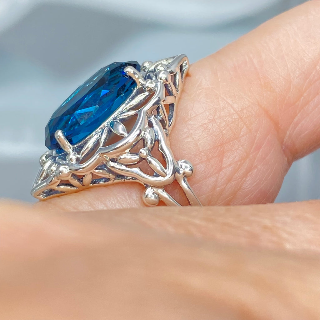 Deep London blue topaz Ring, Oval Gemstone, Gothic style, vintage jewelry, sterling silver filigree, silver embrace jewelry, D98