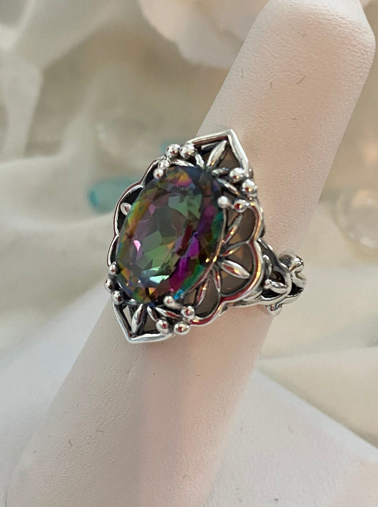 Natural Rainbow Mystic Topaz Ring, Oval Gemstone, Gothic style, vintage jewelry, sterling silver filigree, silver embrace jewelry, D98