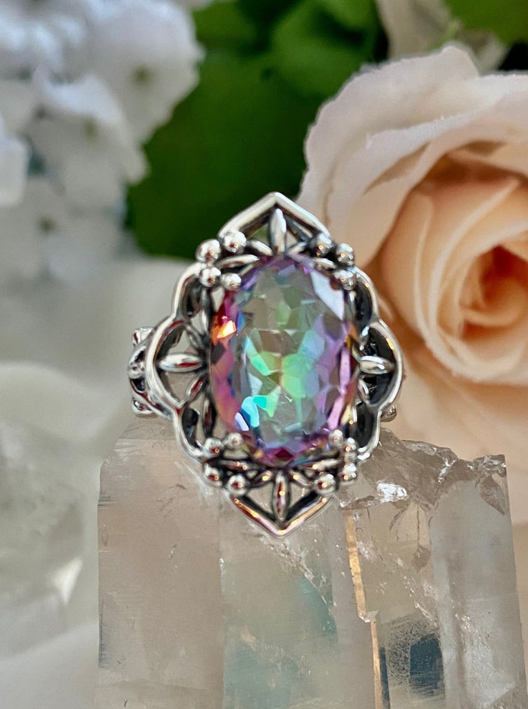 Rainbow Mystic Topaz Ring, Oval Gemstone, Gothic style, vintage jewelry, sterling silver filigree, silver embrace jewelry, D98