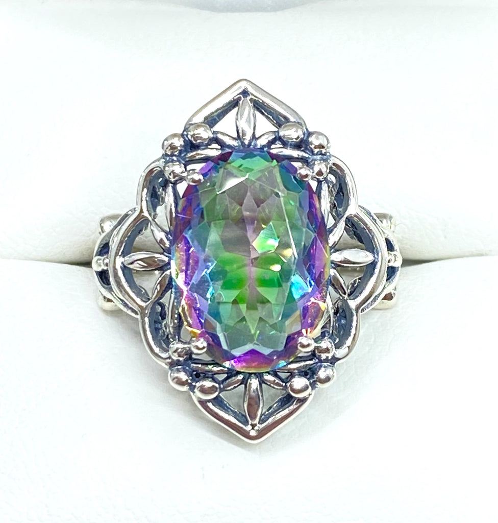 Rainbow Mystic Topaz Ring, Oval Gemstone, Gothic style, vintage jewelry, sterling silver filigree, silver embrace jewelry, D98