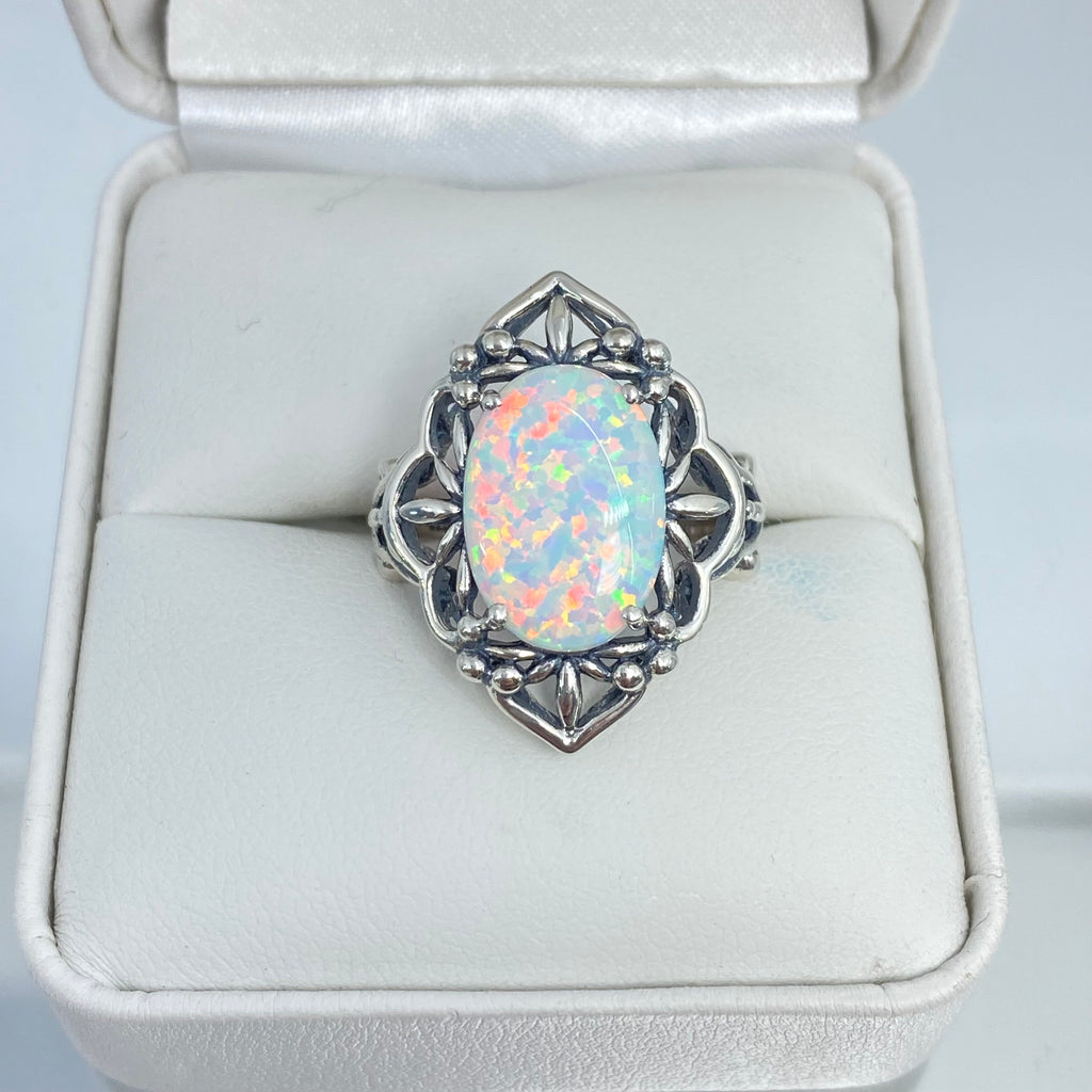 Opal Ring, Oval Gemstone, Gothic style, vintage jewelry, sterling silver filigree, silver embrace jewelry, D98