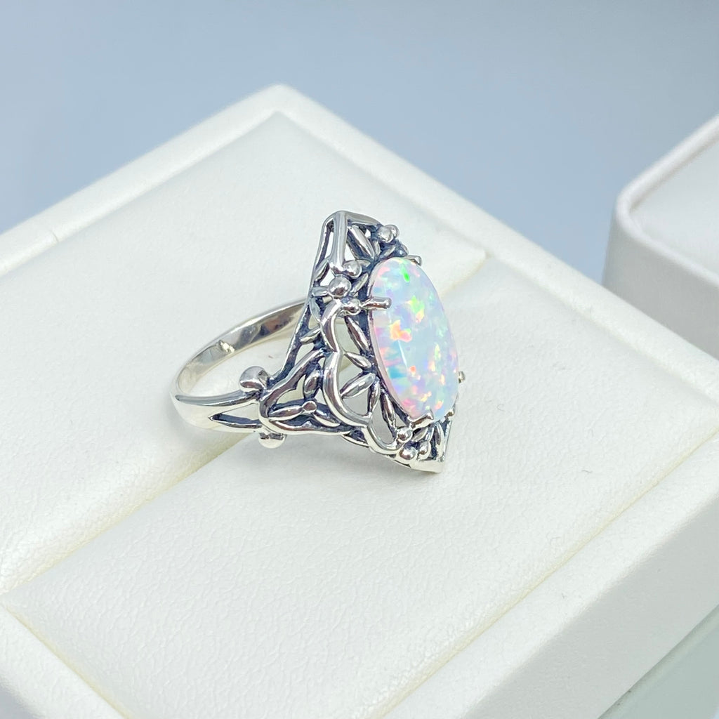 Opal Ring, Oval Gemstone, Gothic style, vintage jewelry, sterling silver filigree, silver embrace jewelry, D98