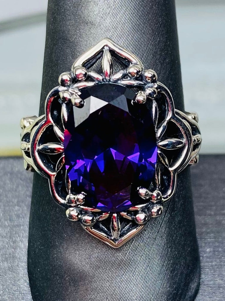 Purple Amethyst Cubic Zirconia Ring, Oval Gemstone, Gothic style, vintage jewelry, sterling silver filigree, silver embrace jewelry, D98