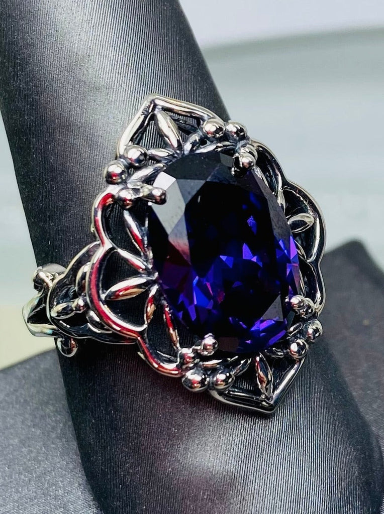 Purple Amethyst Cubic Zirconia Ring, Oval Gemstone, Gothic style, vintage jewelry, sterling silver filigree, silver embrace jewelry, D98