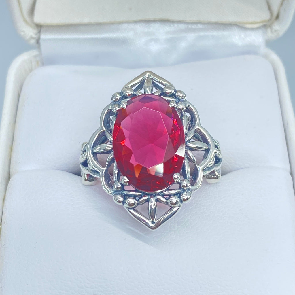 Red Ruby Ring, Oval Gemstone, Gothic style, vintage jewelry, sterling silver filigree, silver embrace jewelry, D98