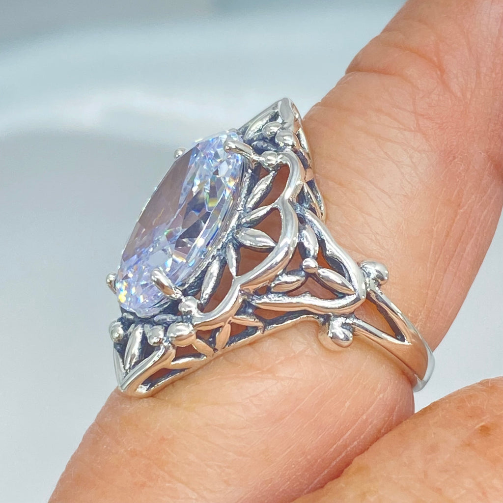 White Cubic Zirconia Ring, Oval Gemstone, Gothic style, vintage jewelry, sterling silver filigree, silver embrace jewelry, D98