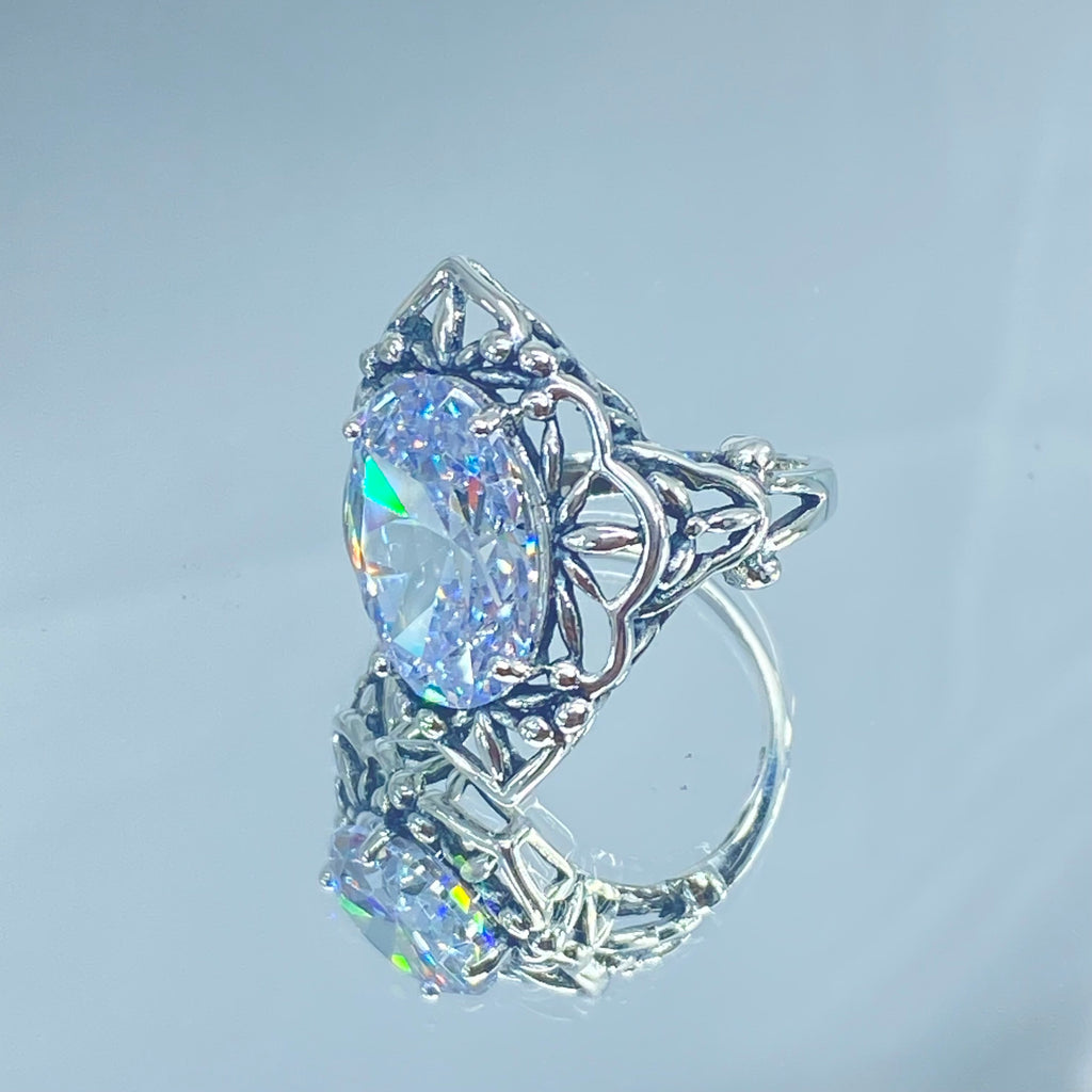 White Cubic Zirconia Ring, Oval Gemstone, Gothic style, vintage jewelry, sterling silver filigree, silver embrace jewelry, D98