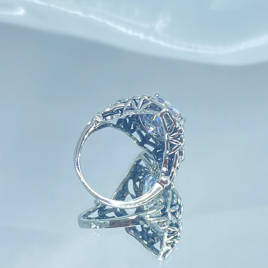 White Cubic Zirconia Ring, Oval Gemstone, Gothic style, vintage jewelry, sterling silver filigree, silver embrace jewelry, D98