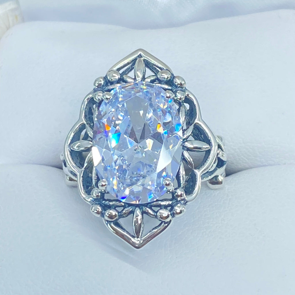 White Cubic Zirconia Ring, Oval Gemstone, Gothic style, vintage jewelry, sterling silver filigree, silver embrace jewelry, D98