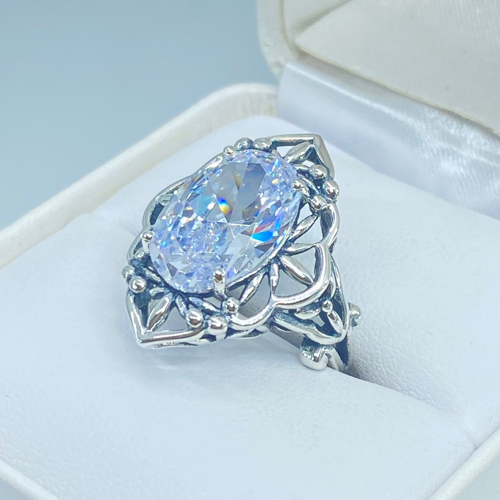 White Cubic Zirconia Ring, Oval Gemstone, Gothic style, vintage jewelry, sterling silver filigree, silver embrace jewelry, D98