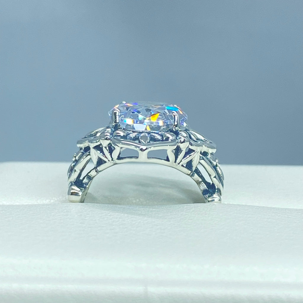 White Cubic Zirconia Ring, Oval Gemstone, Gothic style, vintage jewelry, sterling silver filigree, silver embrace jewelry, D98