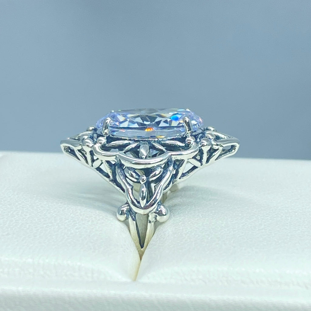 White Cubic Zirconia Ring, Oval Gemstone, Gothic style, vintage jewelry, sterling silver filigree, silver embrace jewelry, D98