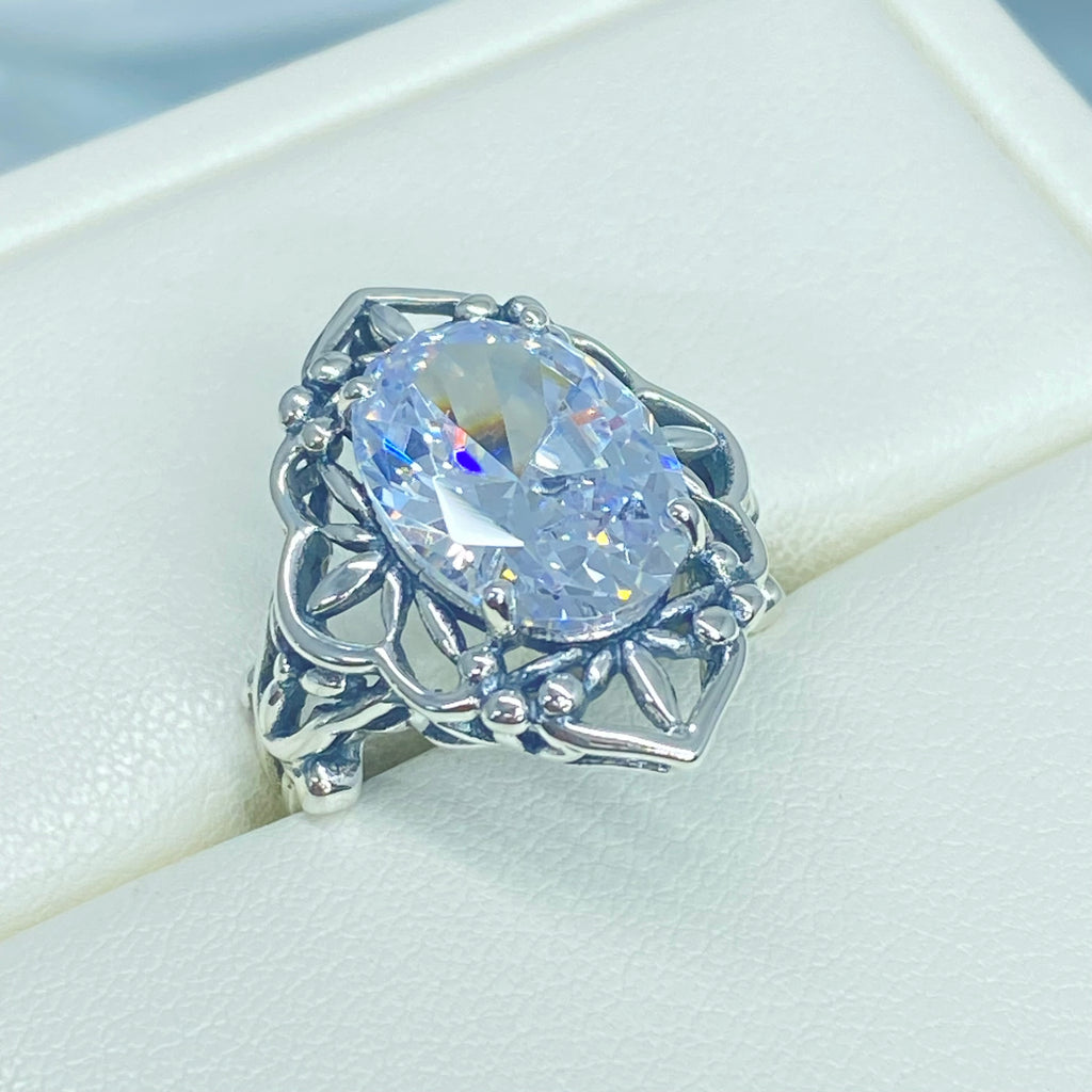 White Cubic Zirconia Ring, Oval Gemstone, Gothic style, vintage jewelry, sterling silver filigree, silver embrace jewelry, D98