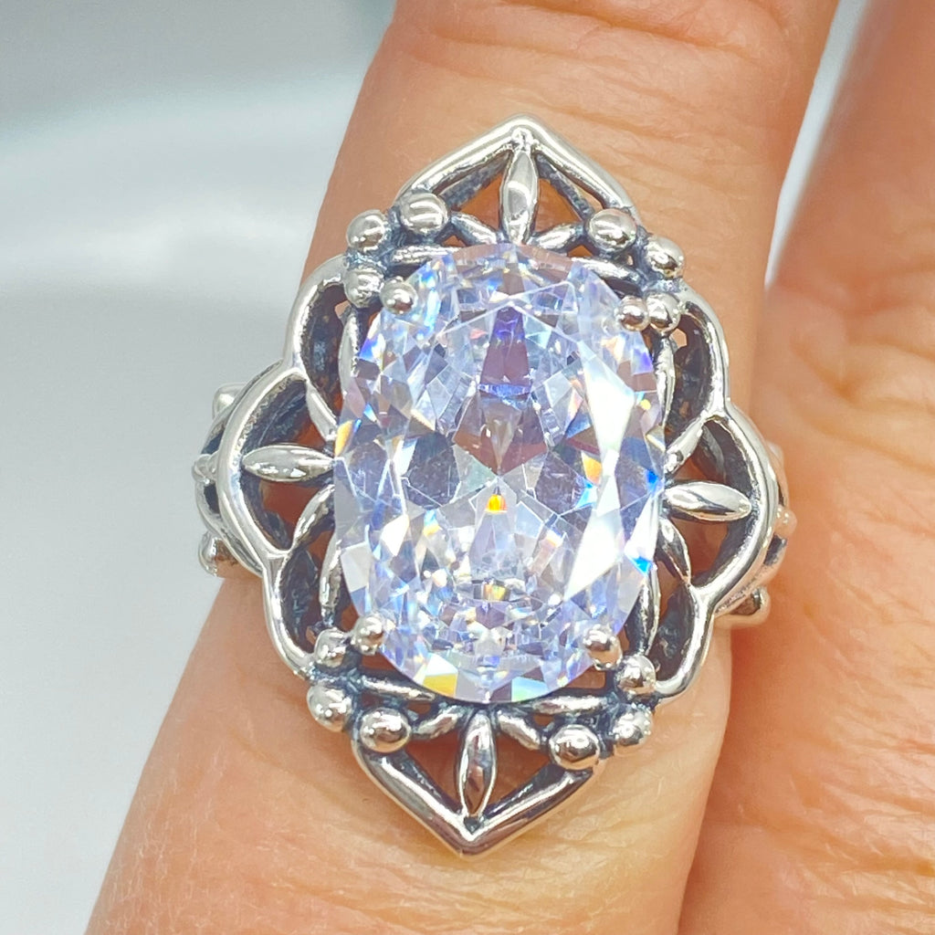 White Cubic Zirconia Ring, Oval Gemstone, Gothic style, vintage jewelry, sterling silver filigree, silver embrace jewelry, D98
