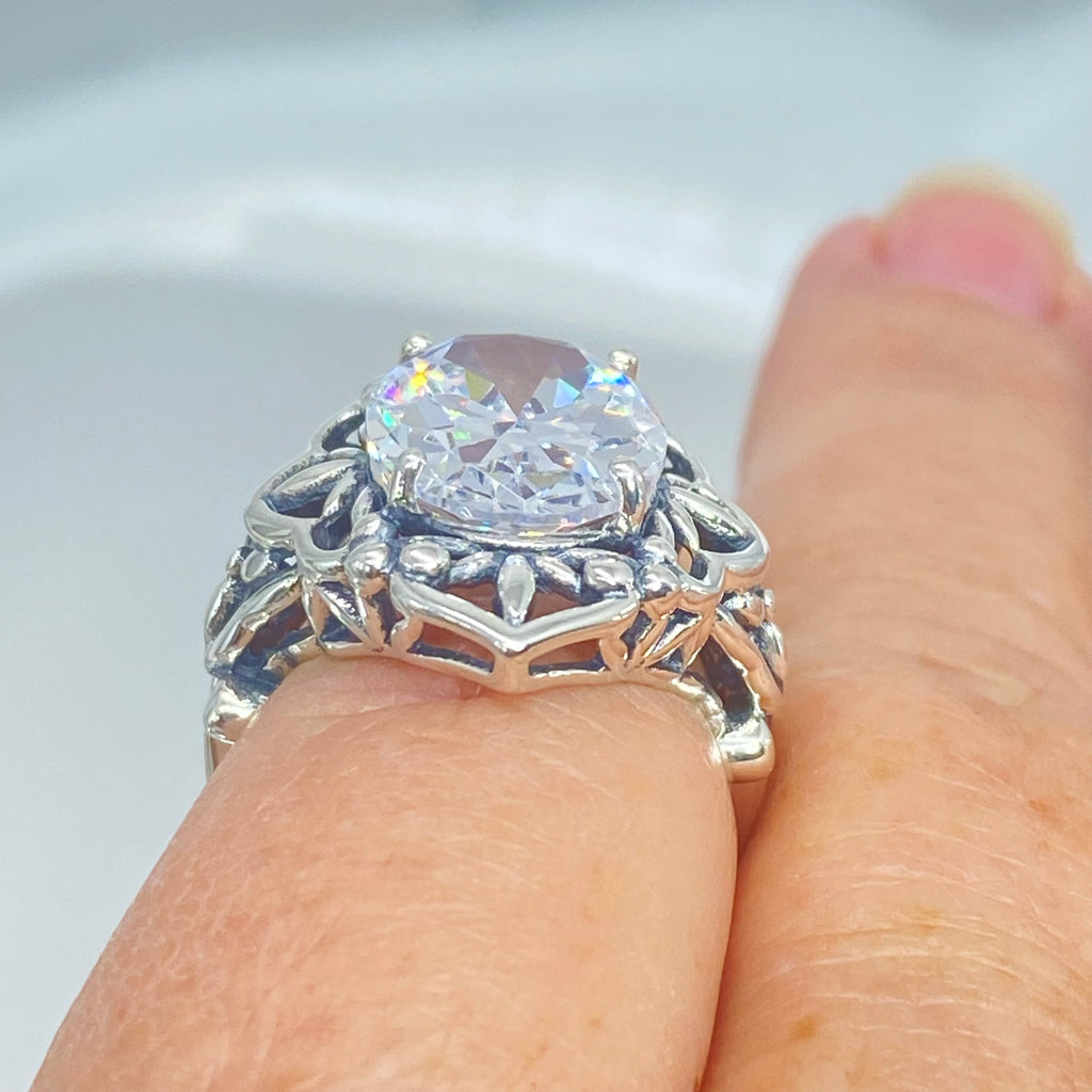 White Cubic Zirconia Ring, Oval Gemstone, Gothic style, vintage jewelry, sterling silver filigree, silver embrace jewelry, D98