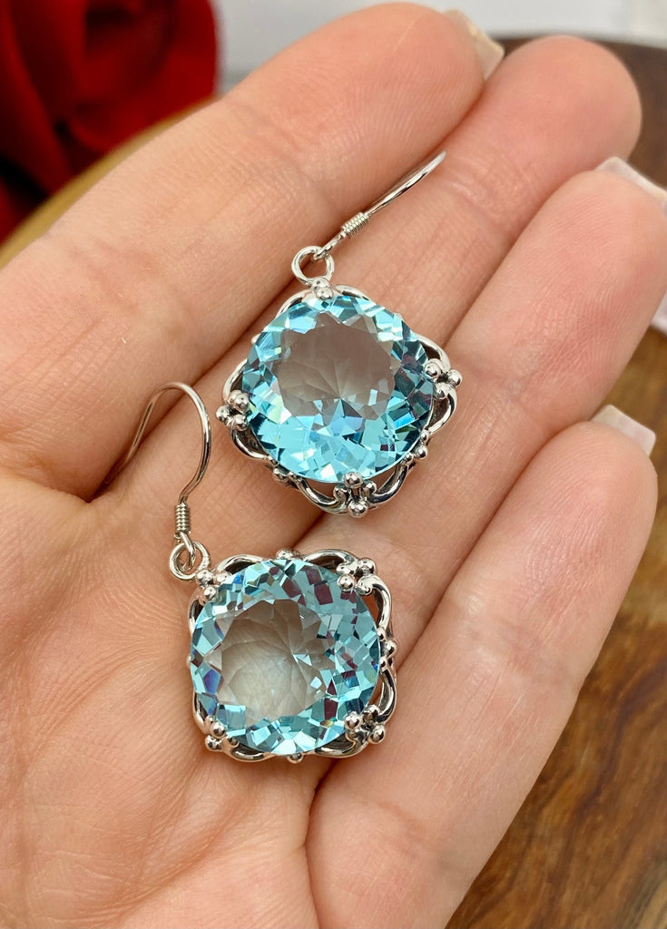 Sky Blue Aquamarine Earrings, Speechless Round Gem , Art Nouveau design D103, Silver Embrace Jewelry