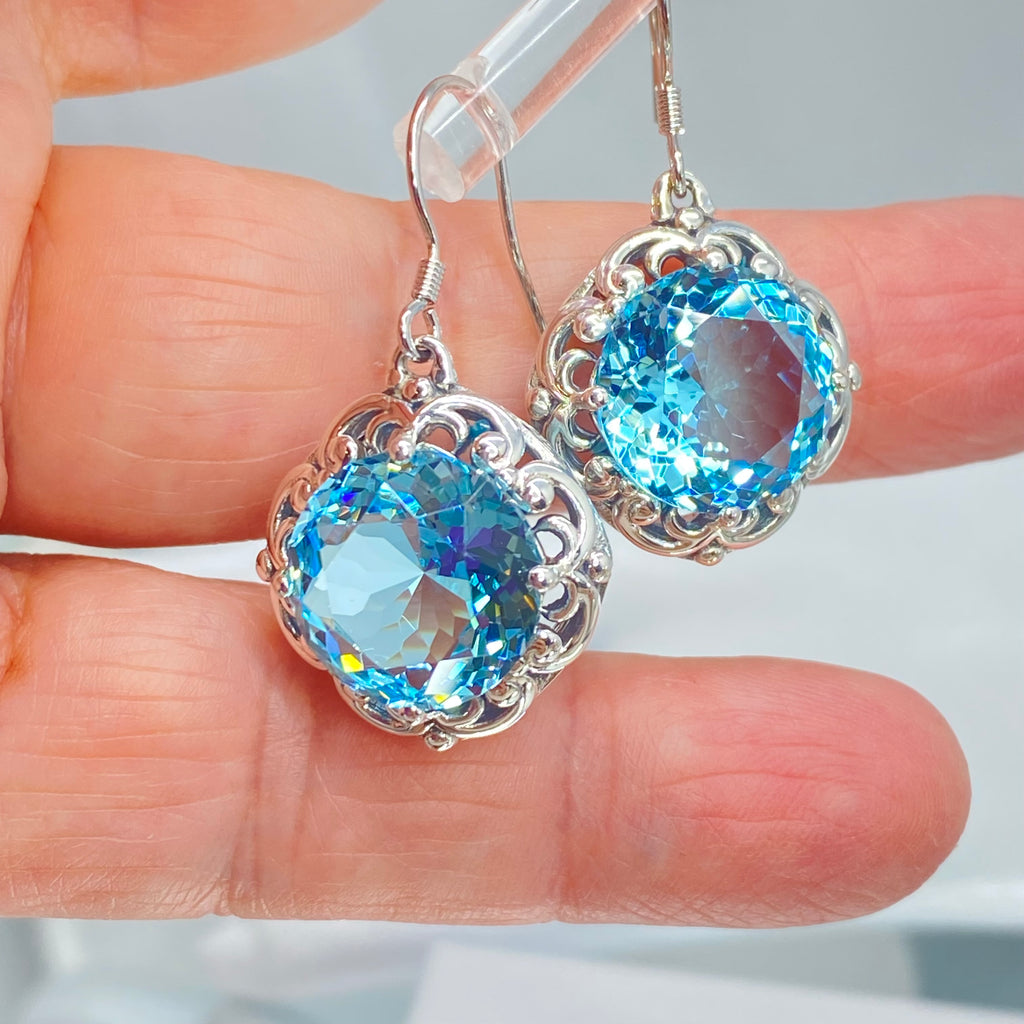 Sky Blue Aquamarine Earrings, Speechless Round Gem, Victorian design D103, Silver Embrace Jewelry