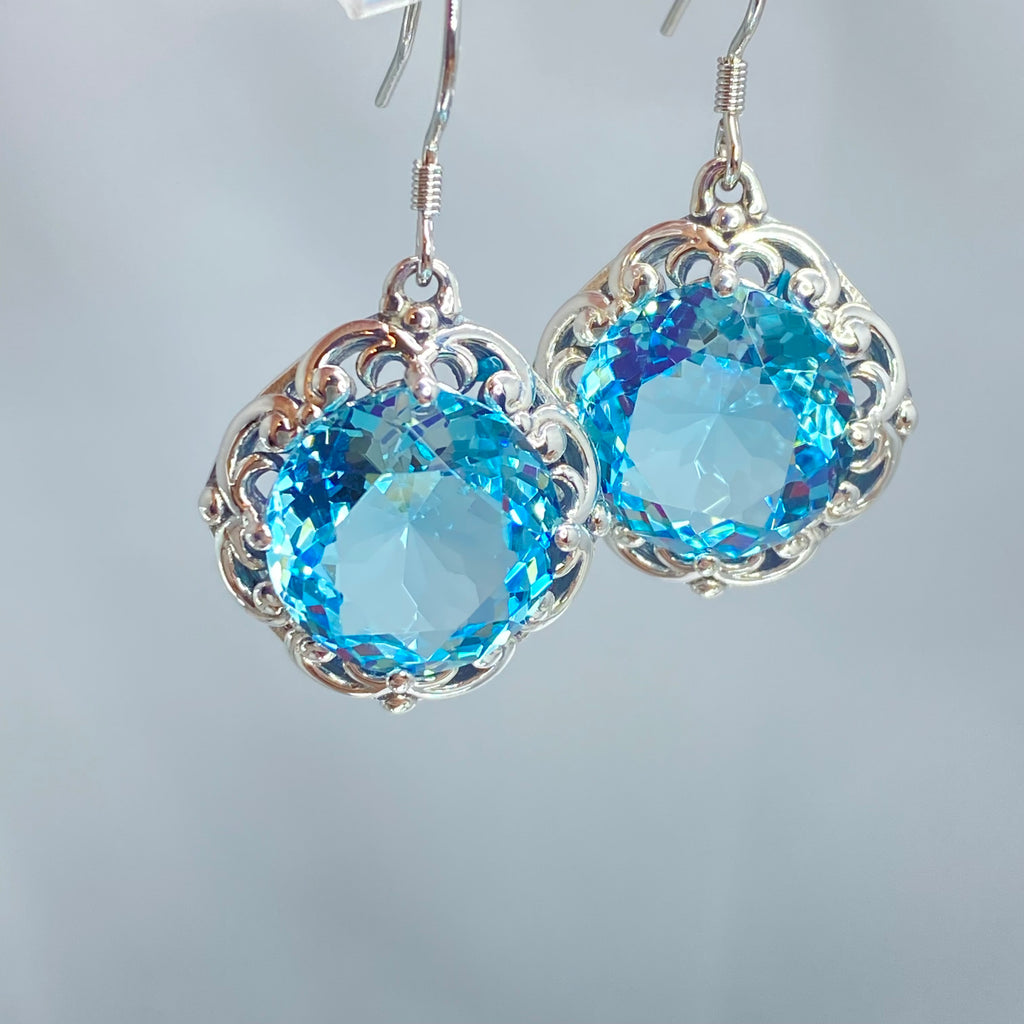 Sky Blue Aquamarine Earrings, Speechless Round Gem, Victorian design D103, Silver Embrace Jewelry