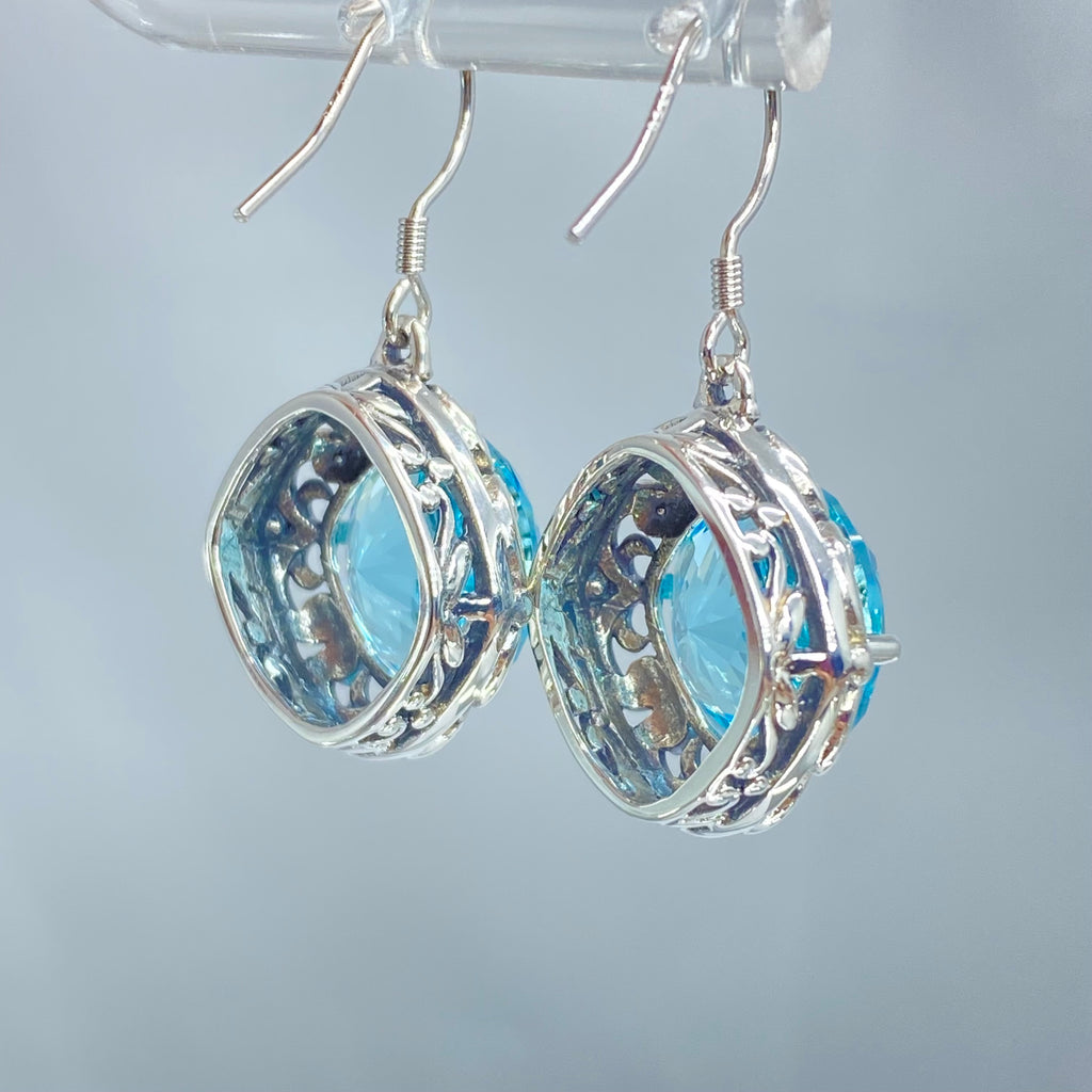 Sky Blue Aquamarine Earrings, Speechless Round Gem, Victorian design D103, Silver Embrace Jewelry