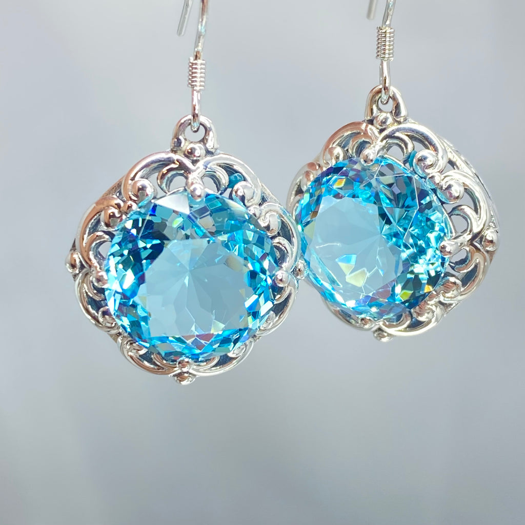 Sky Blue Aquamarine Earrings, Speechless Round Gem, Victorian design D103, Silver Embrace Jewelry