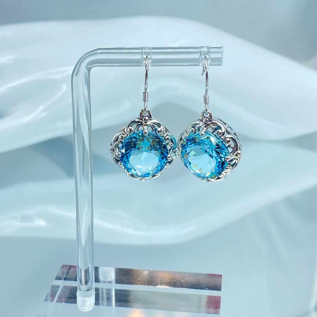 Sky Blue Aquamarine Earrings, Speechless Round Gem, Victorian design D103, Silver Embrace Jewelry