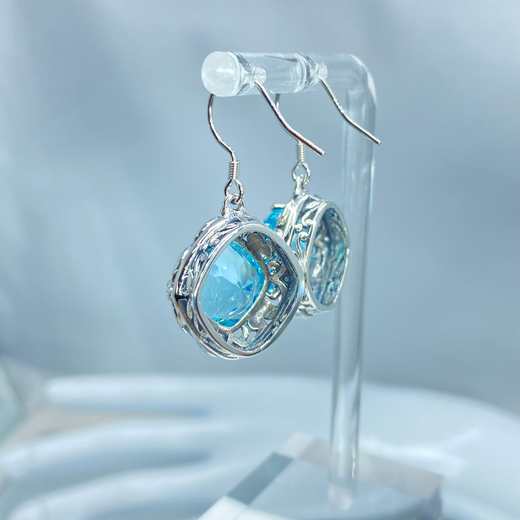 Sky Blue Aquamarine Earrings, Speechless Round Gem, Victorian design D103, Silver Embrace Jewelry