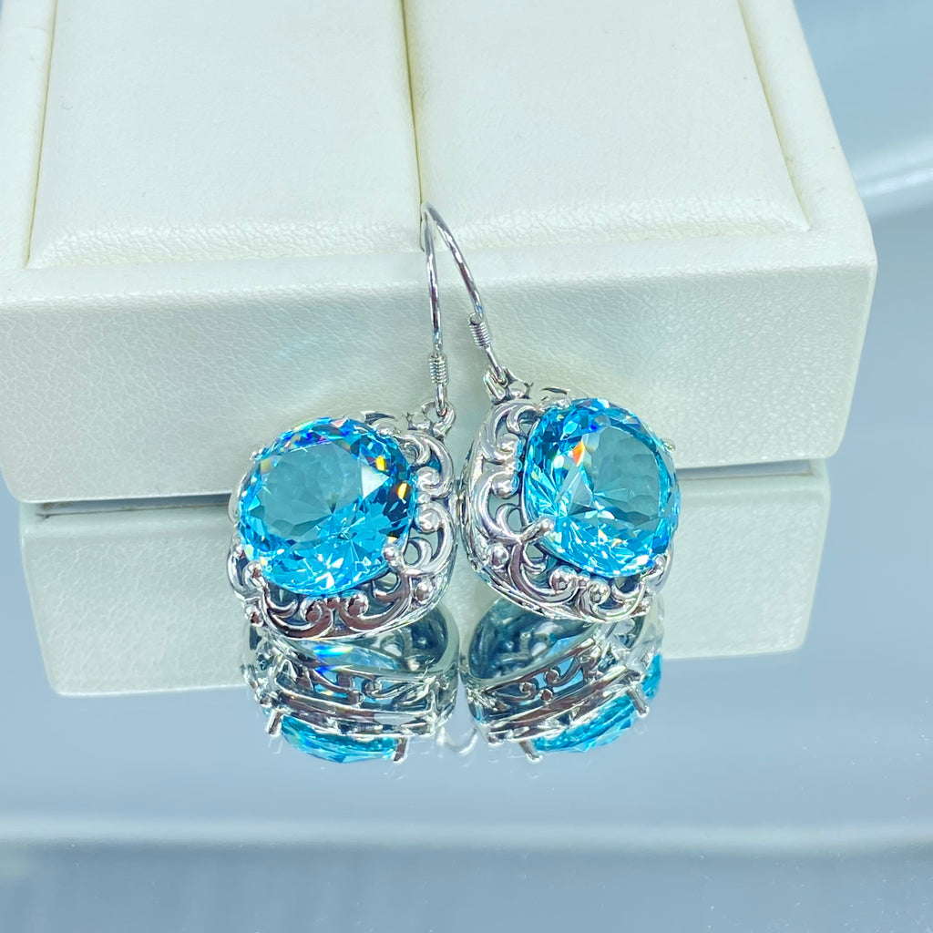 Sky Blue Aquamarine Earrings, Speechless Round Gem, Victorian design D103, Silver Embrace Jewelry