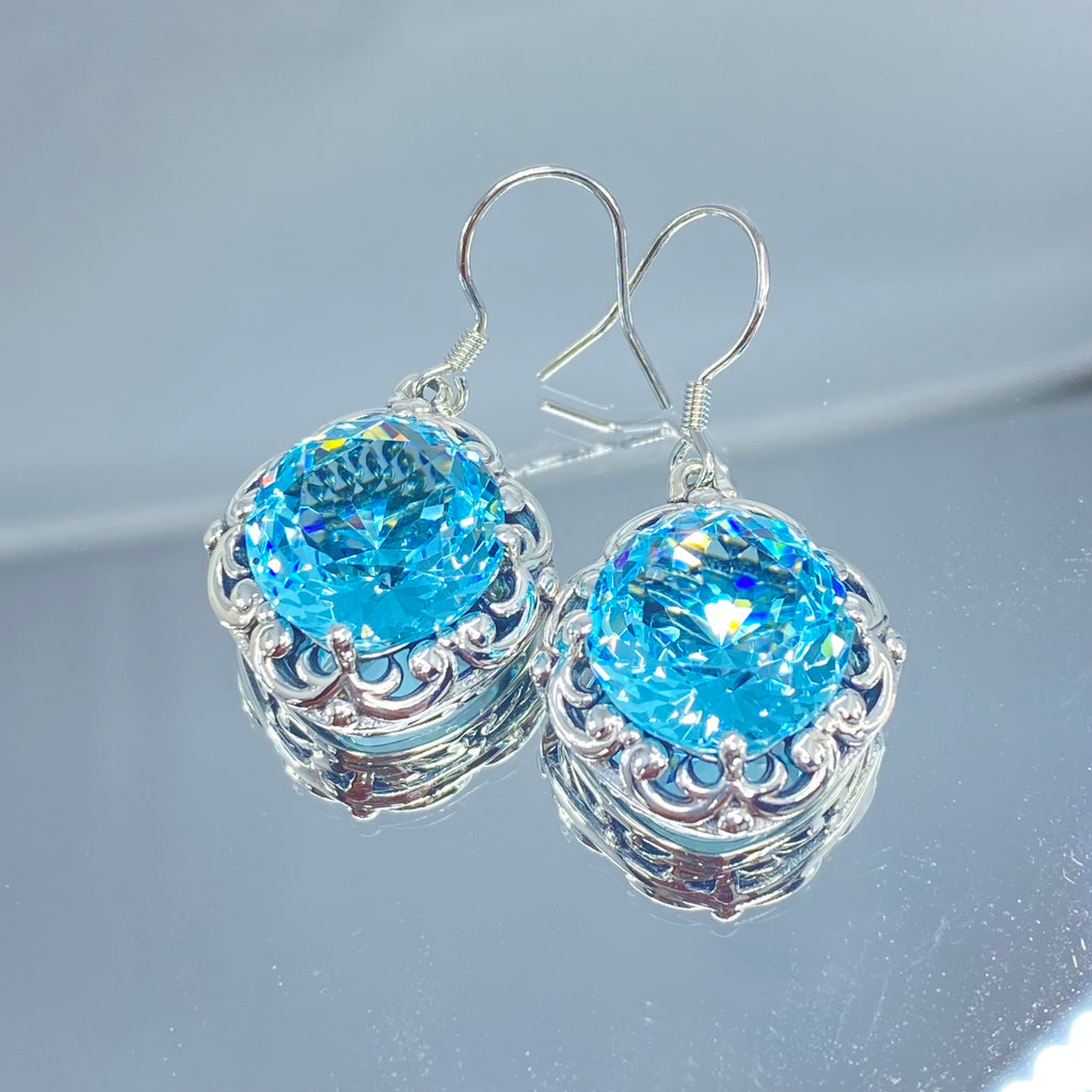 Sky Blue Aquamarine Earrings, Speechless Round Gem, Victorian design D103, Silver Embrace Jewelry