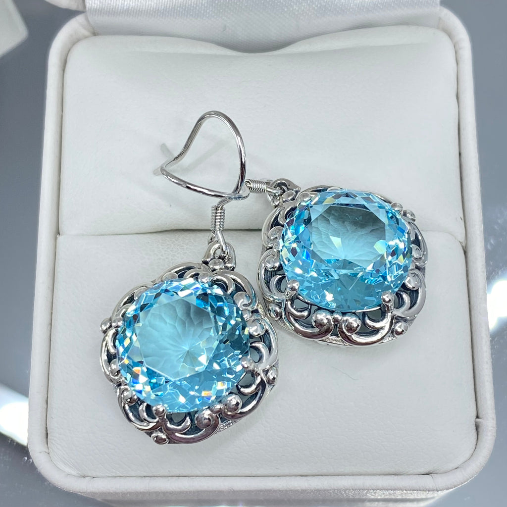 Sky Blue Aquamarine Earrings, Speechless Round Gem, Victorian design D103, Silver Embrace Jewelry