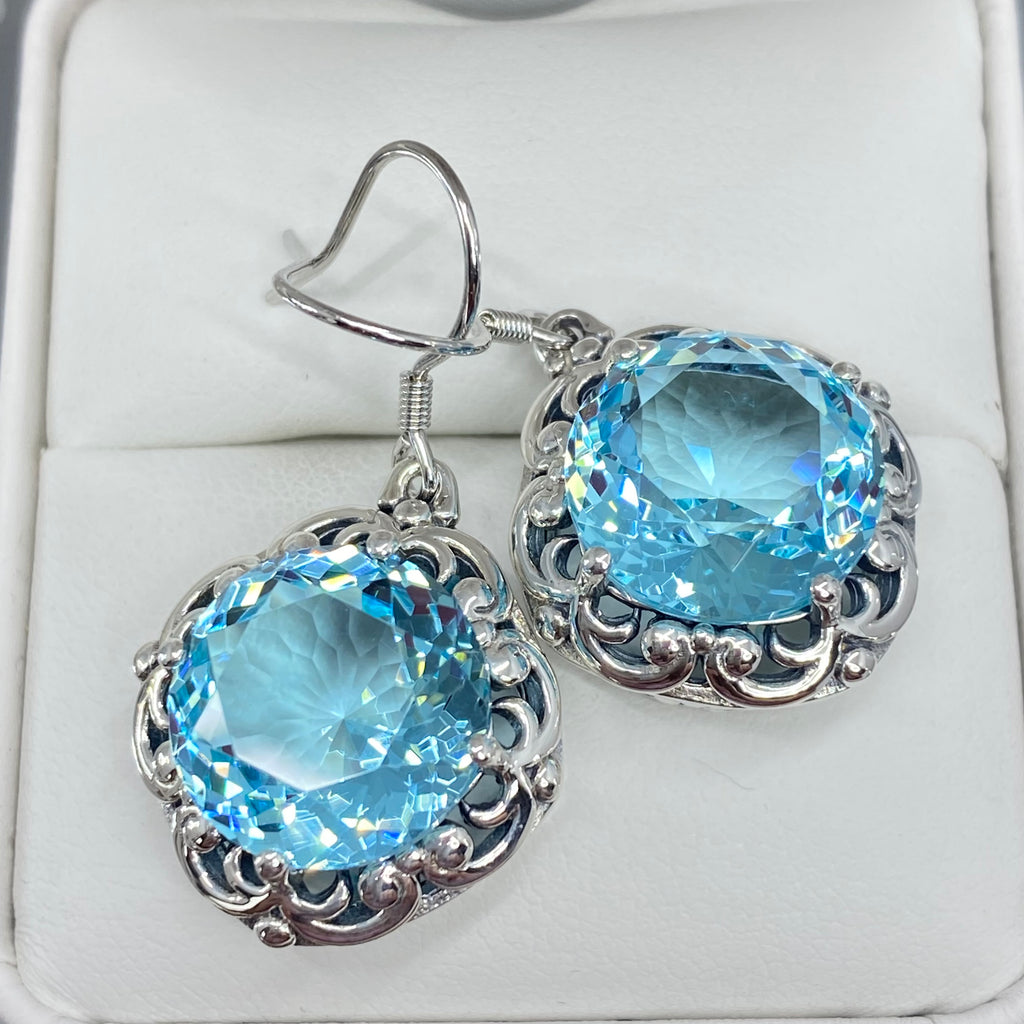 Sky Blue Aquamarine Earrings, Speechless Round Gem, Victorian design D103, Silver Embrace Jewelry