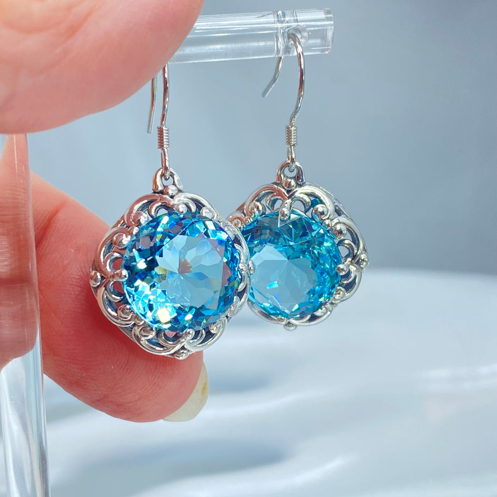 Sky Blue Aquamarine Earrings, Speechless Round Gem, Victorian design D103, Silver Embrace Jewelry