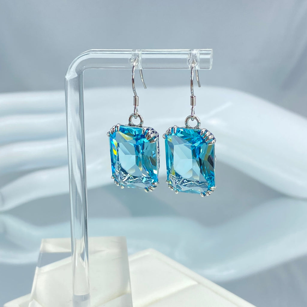 Blue Aquamarine Earrings, Rectangle gem with sterling silver filigree, Art nouveau Jewelry