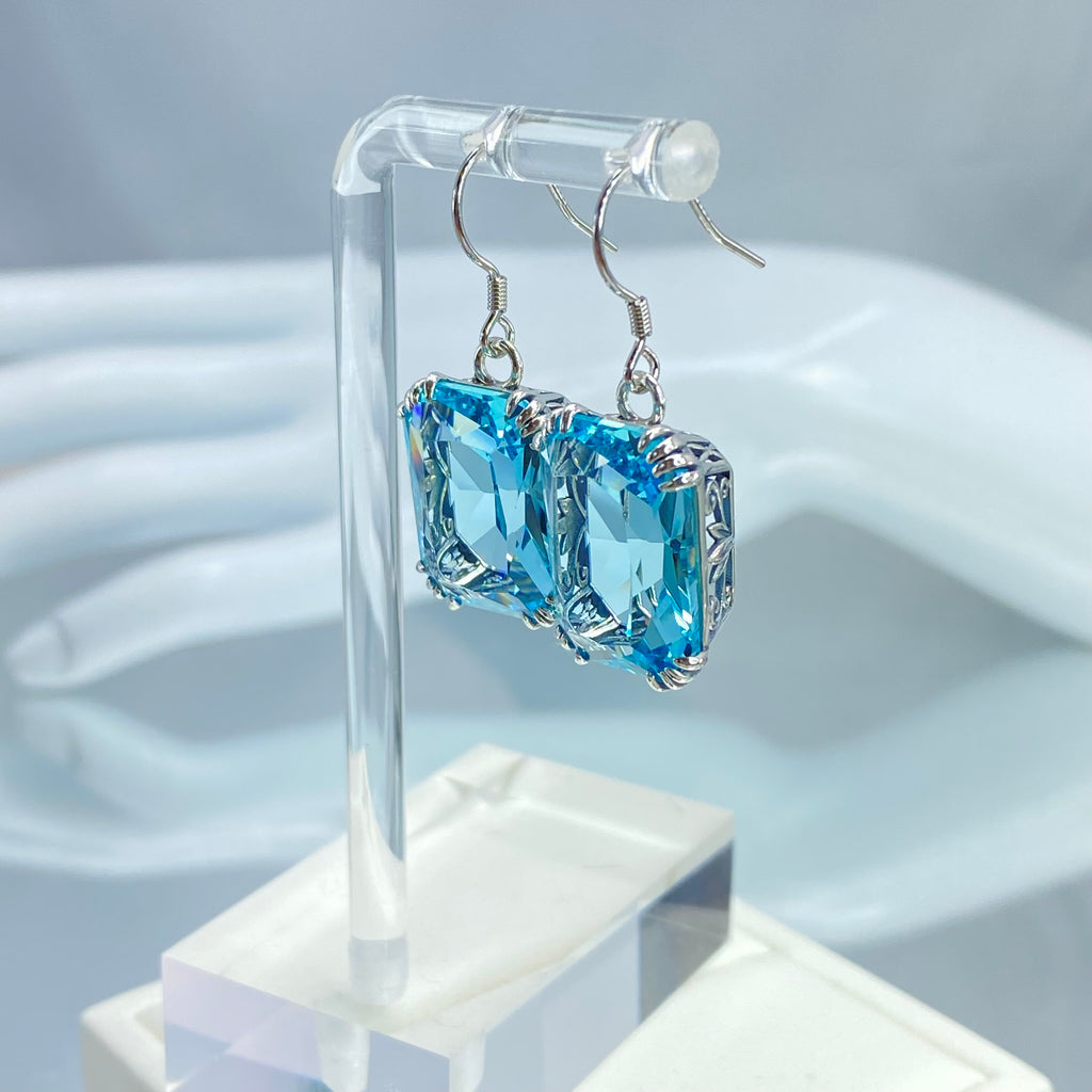 Blue Aquamarine Earrings, Rectangle gem with sterling silver filigree, Art nouveau Jewelry