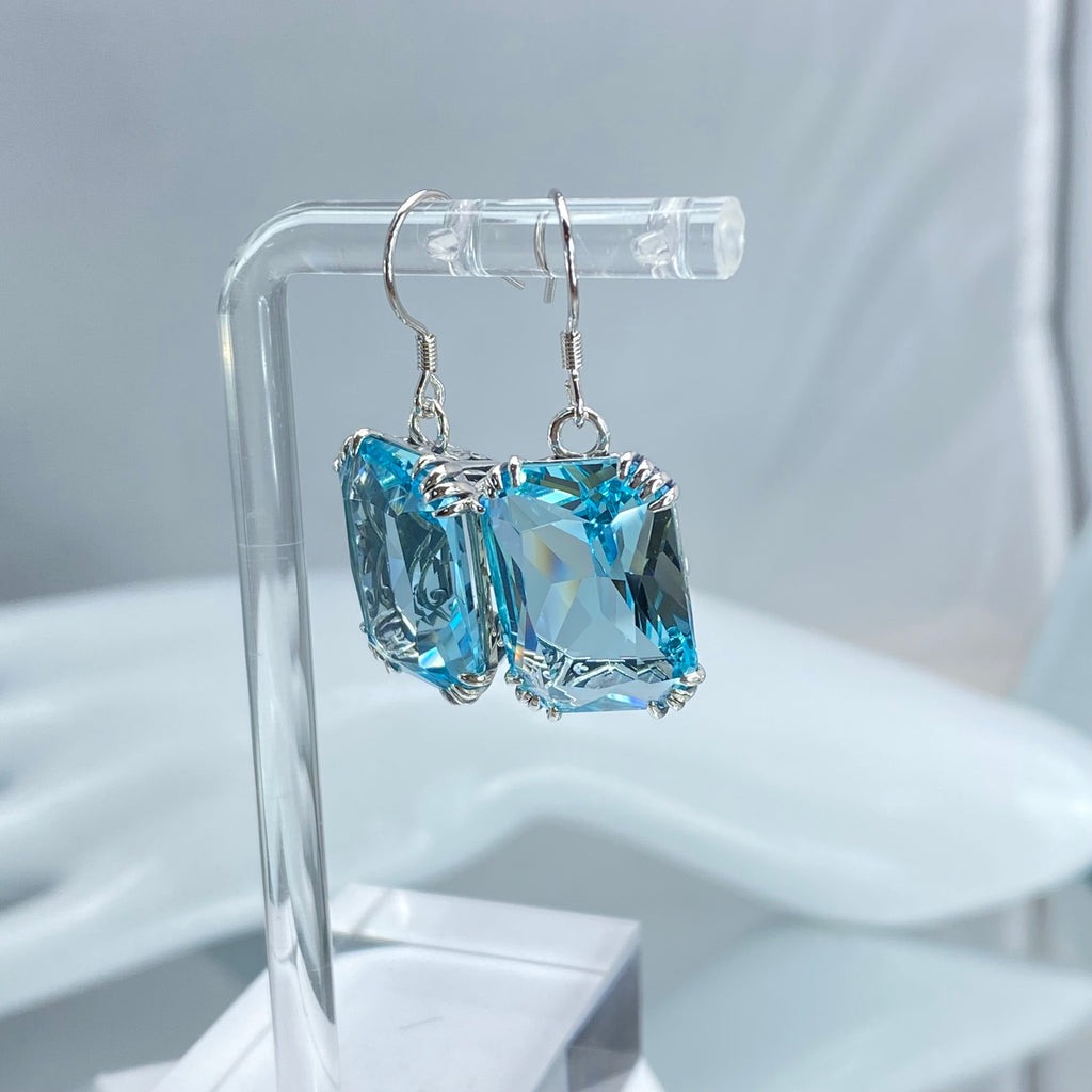 Blue Aquamarine Earrings, Rectangle gem with sterling silver filigree, Art nouveau Jewelry