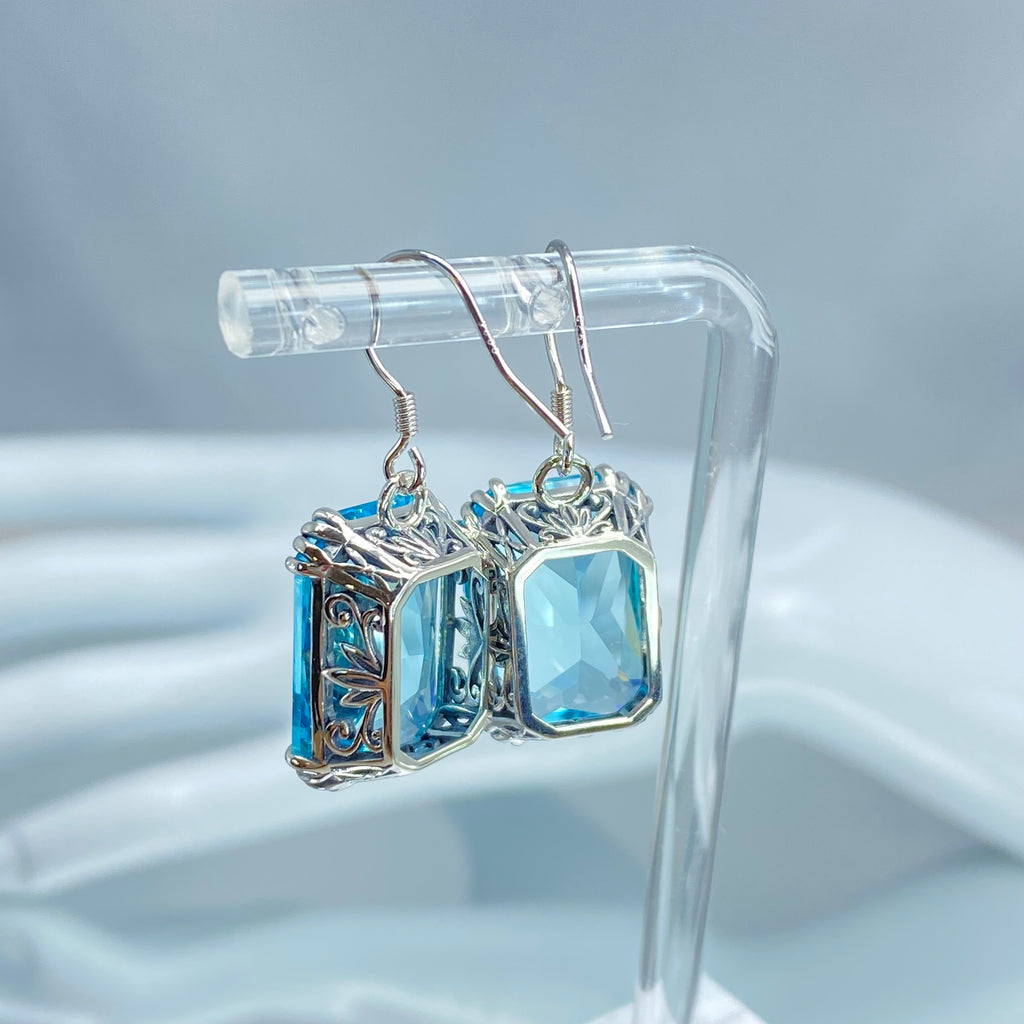 Blue Aquamarine Earrings, Rectangle gem with sterling silver filigree, Art nouveau Jewelry