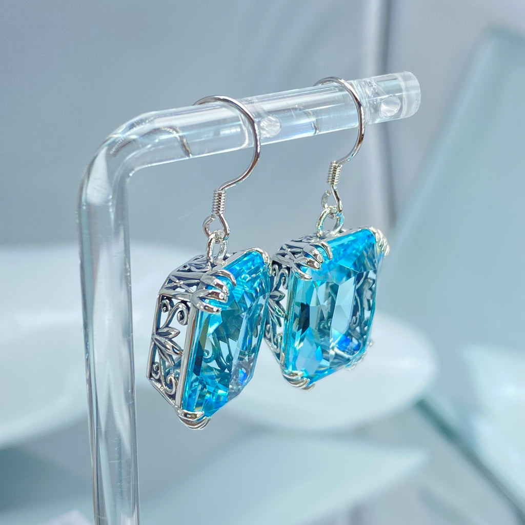 Blue Aquamarine Earrings, Rectangle gem with sterling silver filigree, Art nouveau Jewelry