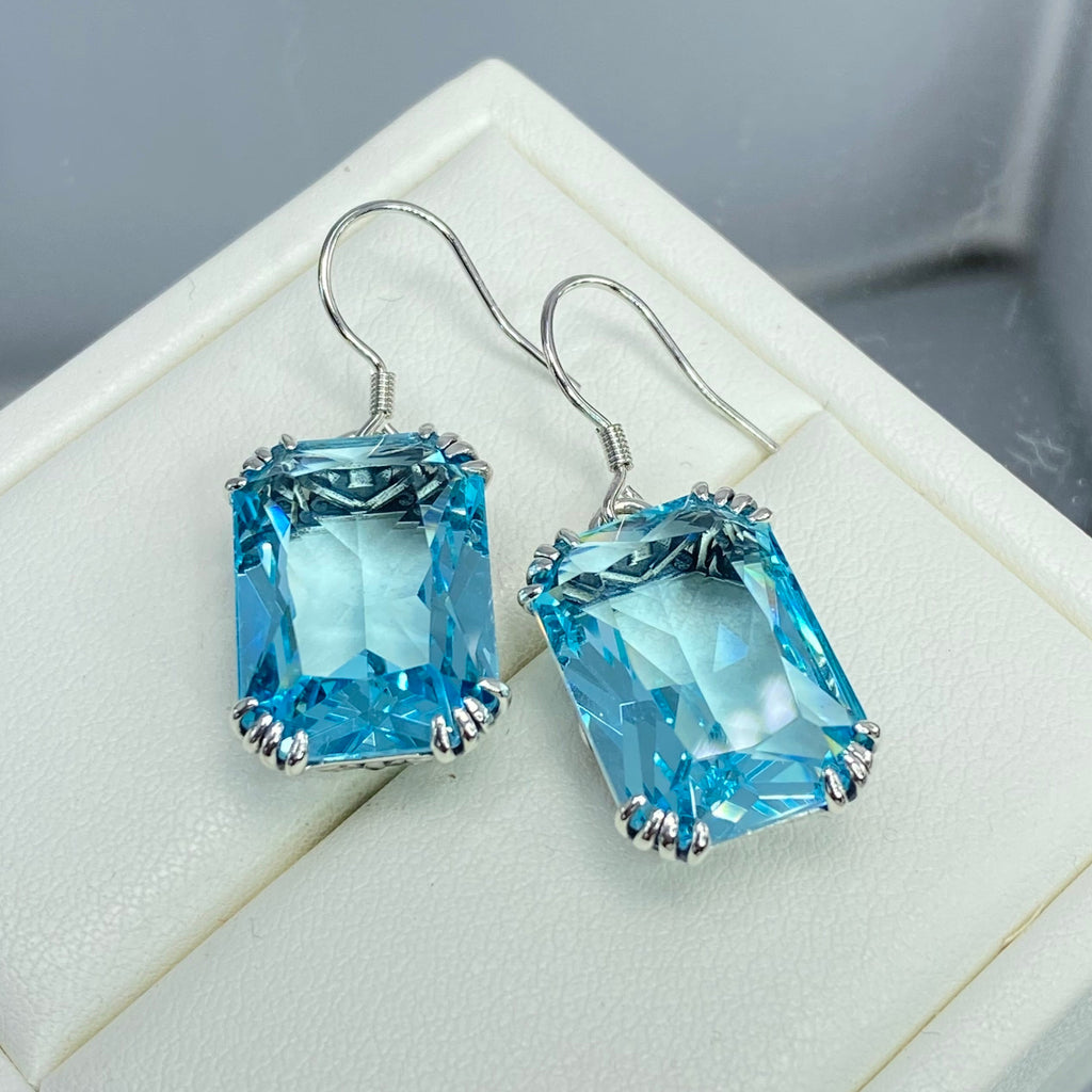 Blue Aquamarine Earrings, Rectangle gem with sterling silver filigree, Art nouveau Jewelry