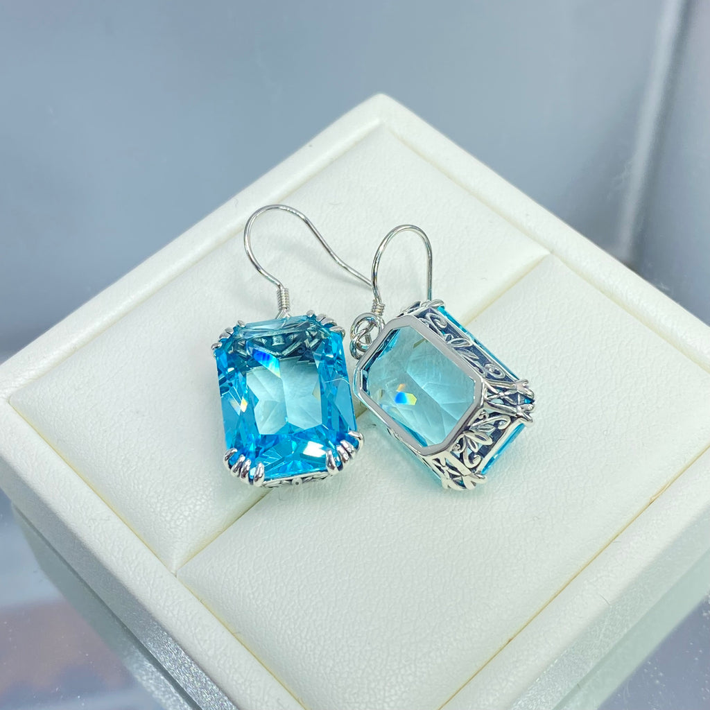 Blue Aquamarine Earrings, Rectangle gem with sterling silver filigree, Art nouveau Jewelry