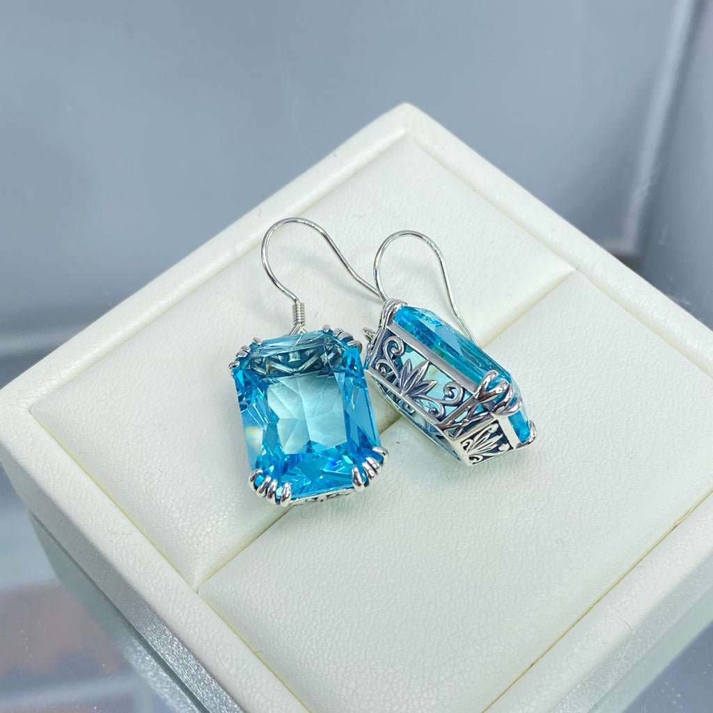 Blue Aquamarine Earrings, Rectangle gem with sterling silver filigree, Art nouveau Jewelry