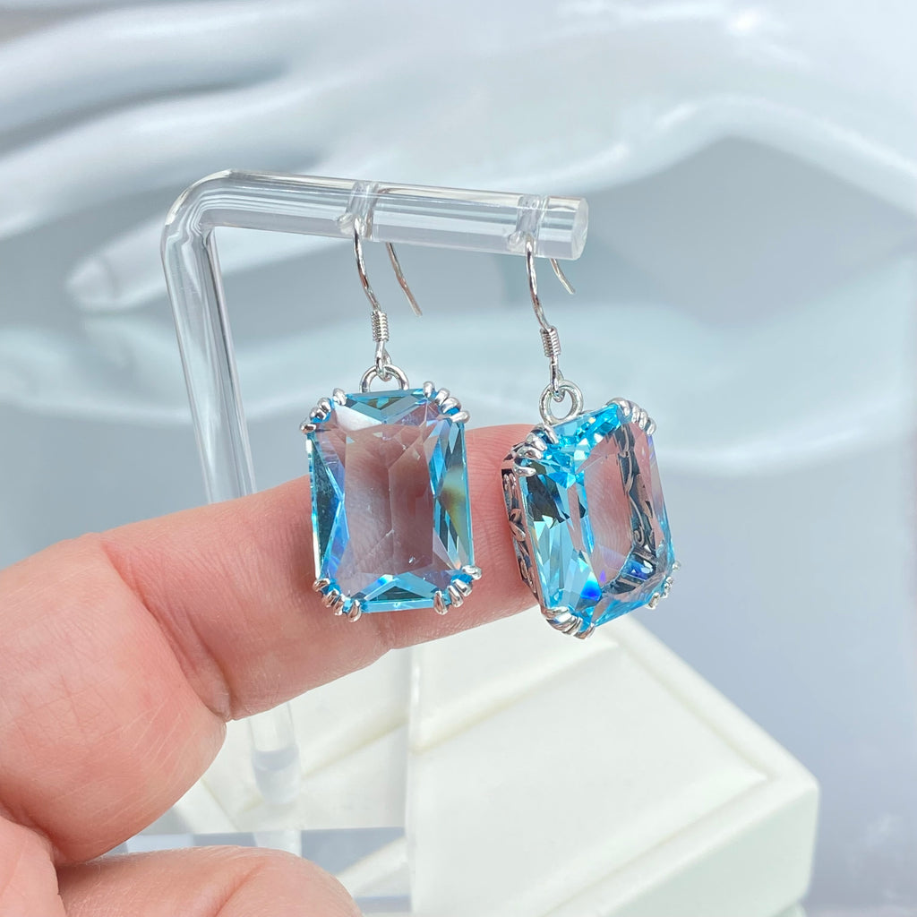 Blue Aquamarine Earrings, Rectangle gem with sterling silver filigree, Art nouveau Jewelry