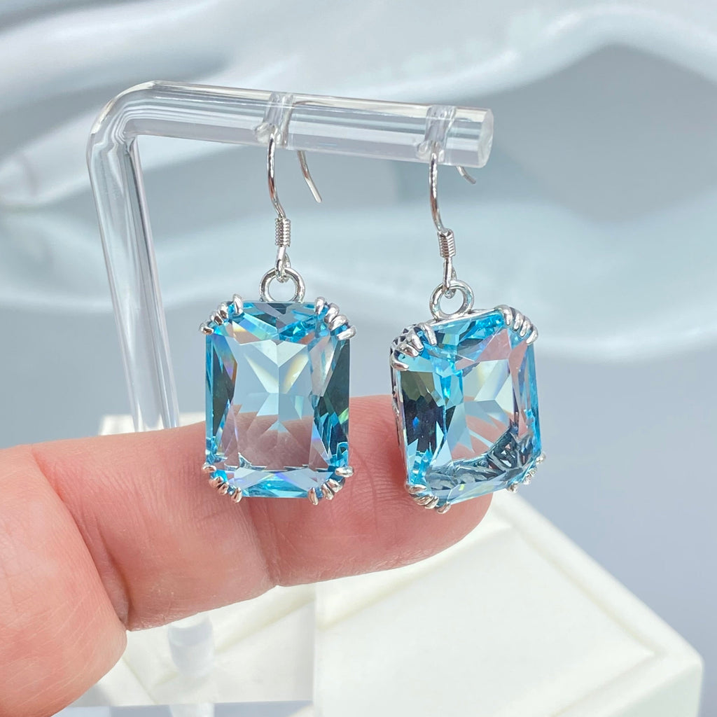 Blue Aquamarine Earrings, Rectangle gem with sterling silver filigree, Art nouveau Jewelry