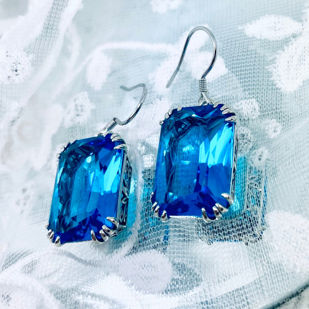 Swiss Blue Topaz arrings, Rectangle gem with sterling silver filigree, Art nouveau Jewelry, E109, Luv earrings, Silver Embrace Jewerly