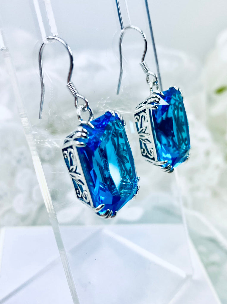 Swiss Blue Topaz arrings, Rectangle gem with sterling silver filigree, Art nouveau Jewelry, E109, Luv earrings, Silver Embrace Jewerly